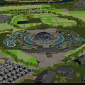 Amusement Park With Ferris Wheel Dome Structure Water Features And Green Landscapes
