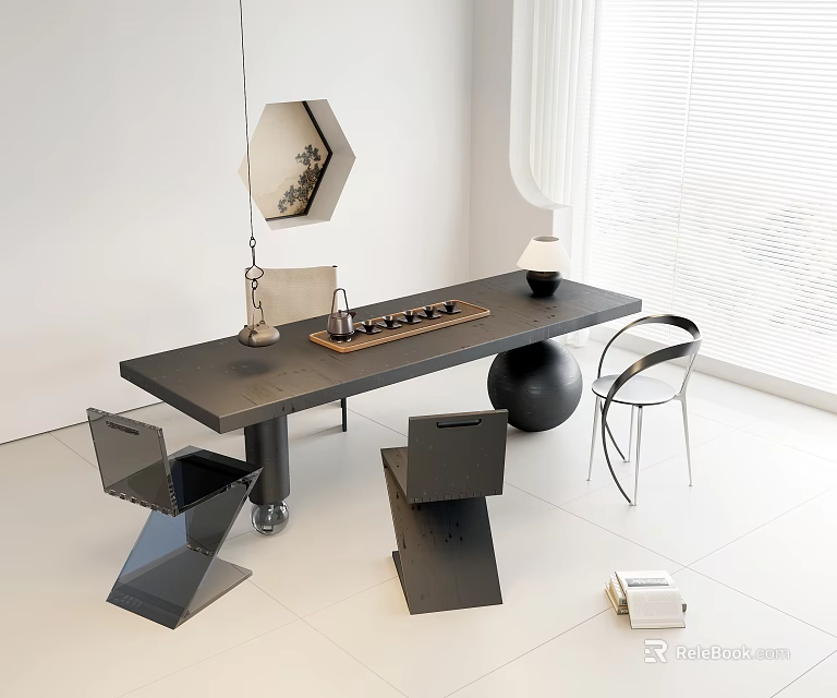 Modern Dark Tea Table And Geometric Chairs With Tea Set In Minimalist Interior 3d model 