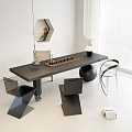 Modern Dark Tea Table And Geometric Chairs With Tea Set In Minimalist Interior