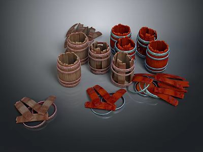 Wooden Barrel Ornamental Decor Set With Red Brown Straps And Decorative Rings 3d model