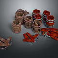 Wooden Barrel Ornamental Decor Set With Red Brown Straps And Decorative Rings