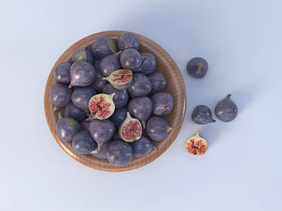 Fresh Purple Figs in Wooden Bowl with Halved Ones and Seeds on White Background 3d model