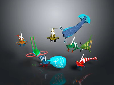 Various Colorful 3D Aquatic Animals Models With Unique Shapes And Vibrant Colors 3d model
