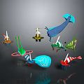 Various Colorful 3D Aquatic Animals Models With Unique Shapes And Vibrant Colors