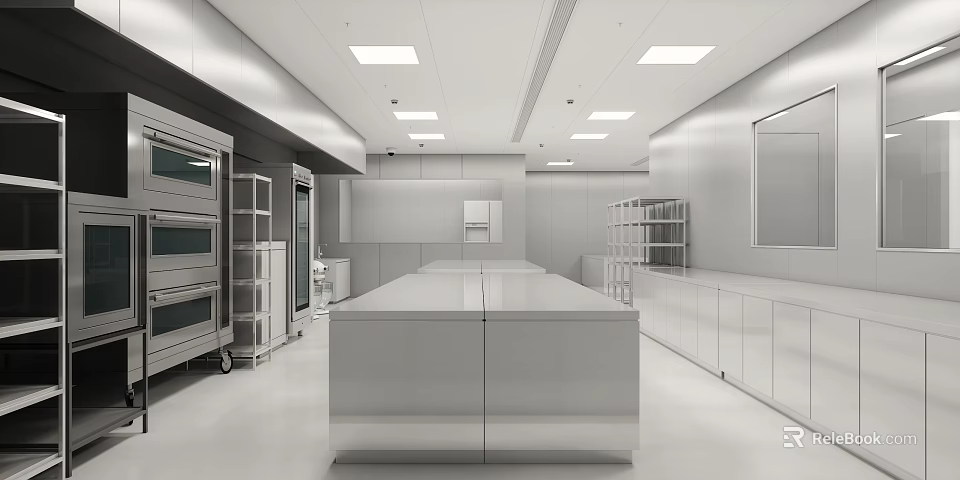 Large Commercial Kitchen With Stainless Steel Workstation Shelves Ovens Storage Cabinets And White Ceiling Lighting 3d model 