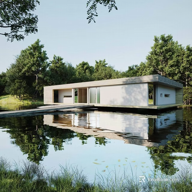 Modern Detached Villa Exterior Design With Scenic Water Reflection Surrounded by Trees 3d model 