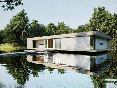 Modern Detached Villa Exterior Design With Scenic Water Reflection Surrounded by Trees 3d model