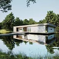 Modern Detached Villa Exterior Design With Scenic Water Reflection Surrounded by Trees
