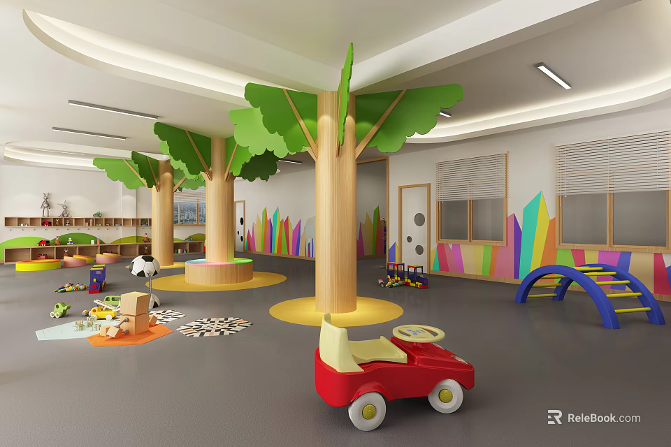 Kindergarten Indoor Play Area With Tree Shaped Structures Colorful Decorations And Toy Cars 3d model 