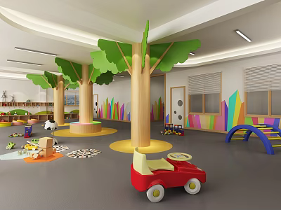 Kindergarten Indoor Play Area With Tree Shaped Structures Colorful Decorations And Toy Cars 3d model