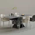 Elegant Modern Rectangular Dining Table Set With Marble Top Black Beige Chairs And Potted Plant 3d model