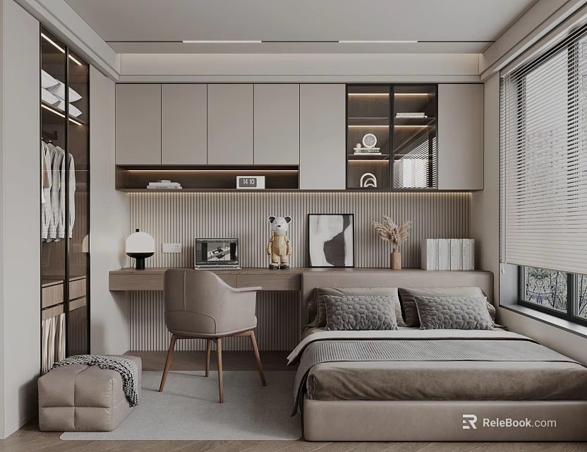 Modern Tatami Bedroom Interior With Bed Desk Chair Wardrobe And Window Blinds 3d model 