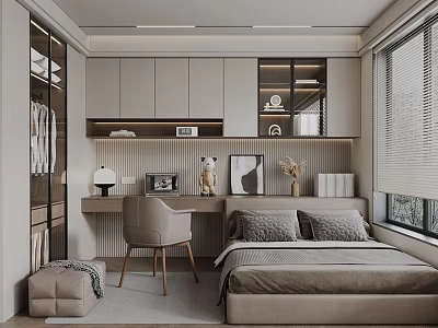 Modern Tatami Bedroom Interior With Bed Desk Chair Wardrobe And Window Blinds 3d model