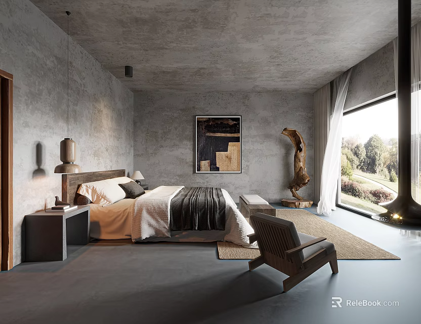 Modern Hotel Room Interior With King Bed Floor To Ceiling Window Gray Walls And Artwork 3d model 