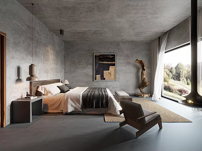 Modern Hotel Room Interior With King Bed Floor To Ceiling Window Gray Walls And Artwork 3d model