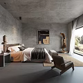 Modern Hotel Room Interior With King Bed Floor To Ceiling Window Gray Walls And Artwork