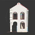 Two Story Miniature House Model With Pink Tiled Roof Stained Glass Windows White Exterior Porch