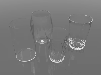 Four Transparent Glass Cups With Various Shapes And Designs On Smooth Surface 3d model