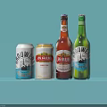 Refreshing Beer Cans and Bottles Arranged on Light Blue Background 3d model