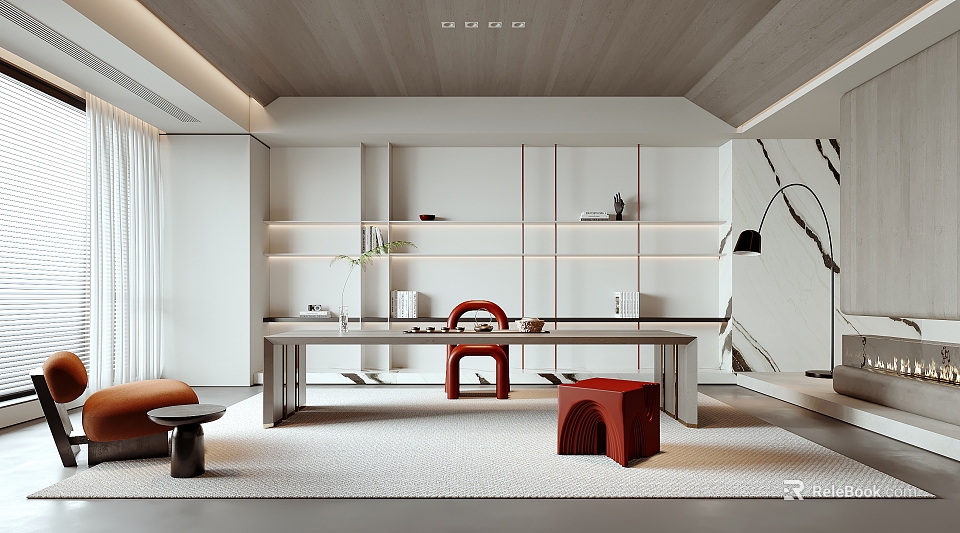 Modern Tea Room Interior Design With Wooden Tea Table Red Chairs And Potted Plants 3d model 