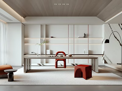 Modern Tea Room Interior Design With Wooden Tea Table Red Chairs And Potted Plants 3d model
