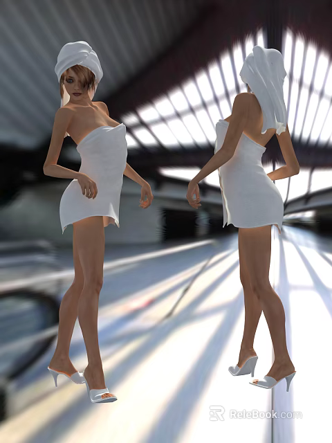 Two women wrapped in white towels standing in modern architectural space with soft light 3d model 