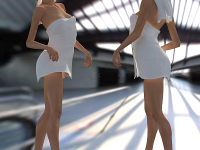 Two women wrapped in white towels standing in modern architectural space with soft light 3d model