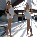 Two women wrapped in white towels standing in modern architectural space with soft light