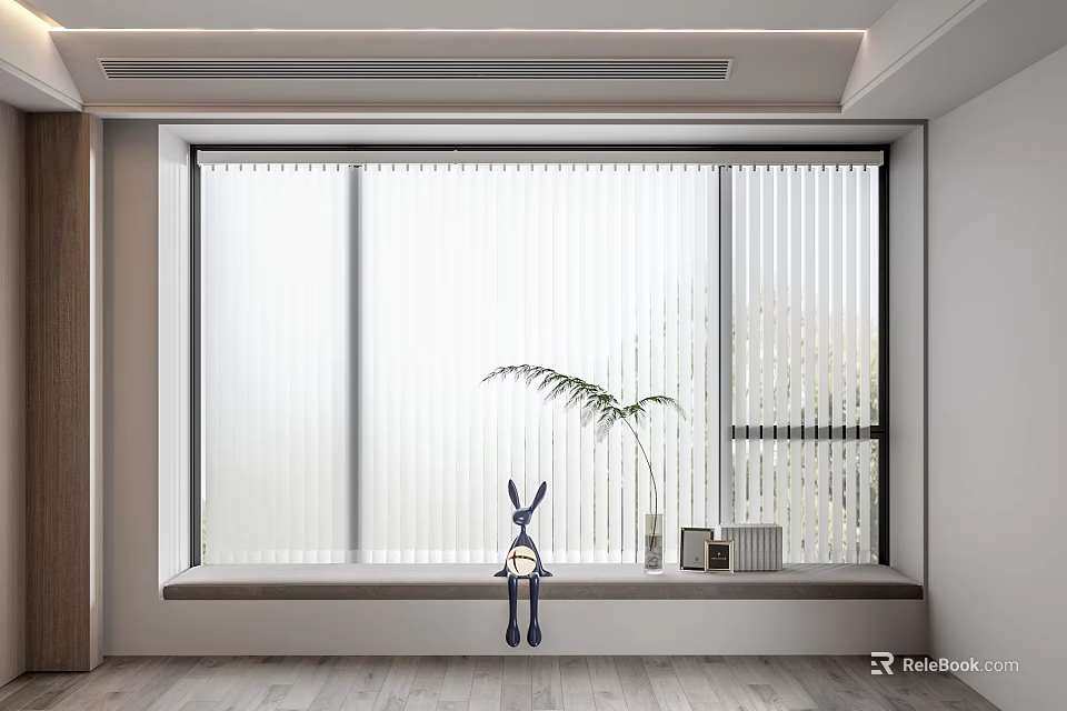Modern Venetian Blinds On Large Window With Sill Rabbit Doll Plant Books And Wooden Floor 3d model 
