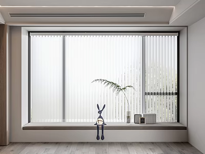 Modern Venetian Blinds On Large Window With Sill Rabbit Doll Plant Books And Wooden Floor 3d model