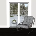 Plaid Fabric Single Sofa Chair With Metal Frame And Small Side Table By Snowy Window