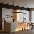 Modern Curved White Kitchen Bar With Warm Ambient Lighting And Stylish Wooden Bar Stools