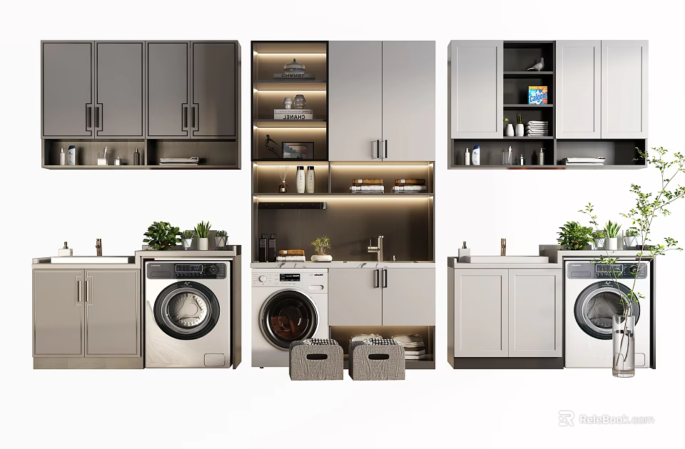 Modern Bathroom Cabinetry Design With Washing Machine Storage Baskets And Green Plants 3d model 