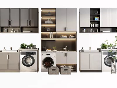 Modern Bathroom Cabinetry Design With Washing Machine Storage Baskets And Green Plants 3d model