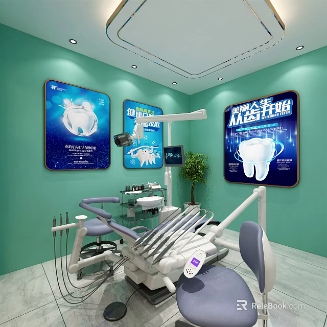 Modern Dental Clinic Interior With Treatment Chair Equipment And Teeth Care Posters 3d model 