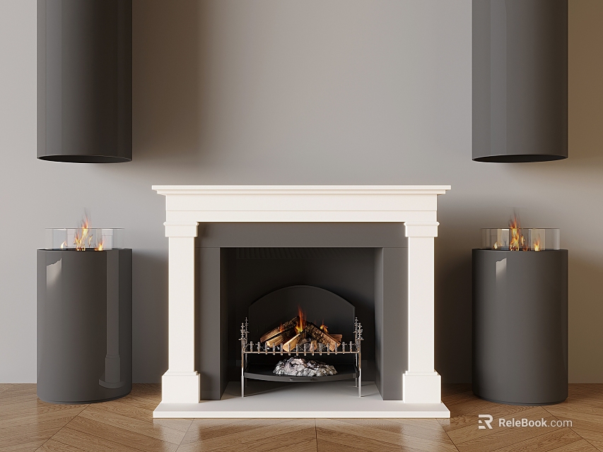 Burning Flames in White Marble Fireplace with Gray Pillars Glass Flame Holders on Wooden Floor 3d model 