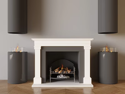 Burning Flames in White Marble Fireplace with Gray Pillars Glass Flame Holders on Wooden Floor 3d model