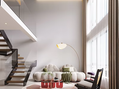 Modern Loft Apartment Living Room With Curved Sofa And Floor Lamp 3d model