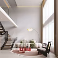 Modern Loft Apartment Living Room With Curved Sofa And Floor Lamp