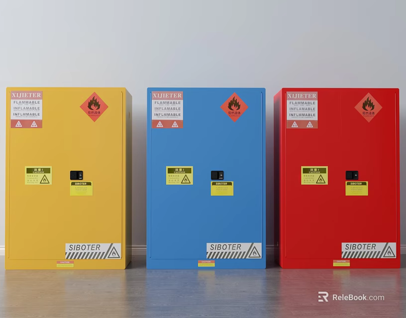 Yellow Blue Red Safety Storage Cabinets With Warning Labels And Flame Symbols 3d model 