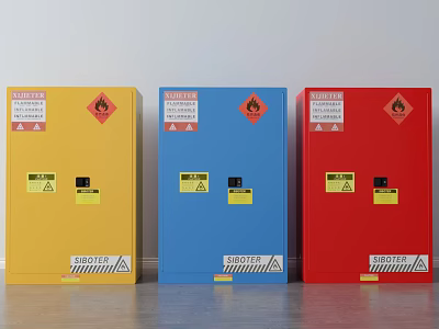 Yellow Blue Red Safety Storage Cabinets With Warning Labels And Flame Symbols 3d model
