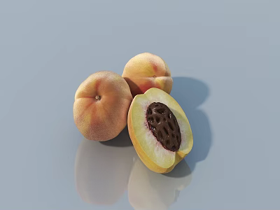 Fresh Whole And Halved Peaches With Stone On Smooth Surface And Light Background Reflection 3d model