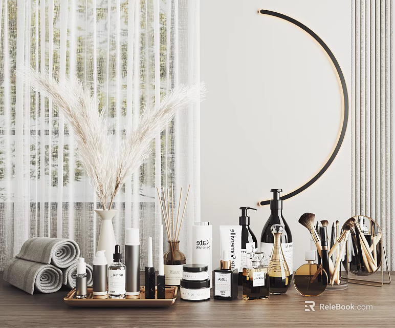 Decorative Ornament Set with Pampas Grass Round Mirror Diffuser Bottles Makeup Brushes and Towels 3d model 
