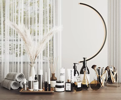 Decorative Ornament Set with Pampas Grass Round Mirror Diffuser Bottles Makeup Brushes and Towels 3d model