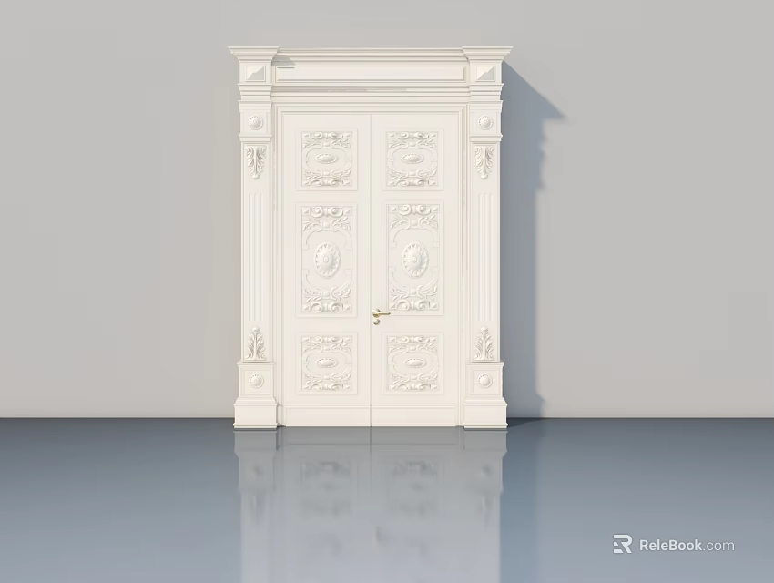 White Double Panel Swing Door With Intricate Carved Details And Gold Hardware 3d model 