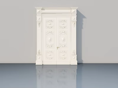 White Double Panel Swing Door With Intricate Carved Details And Gold Hardware 3d model