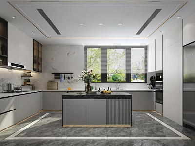 Modern Kitchen Interior Design With Marble Island Cabinets Large Window And Natural Light 3d model