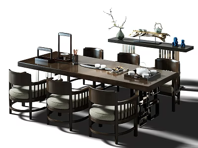 Wooden Dining Table Set with Chairs Modern Chinese Style Tea Set and Flower Vase 3d model