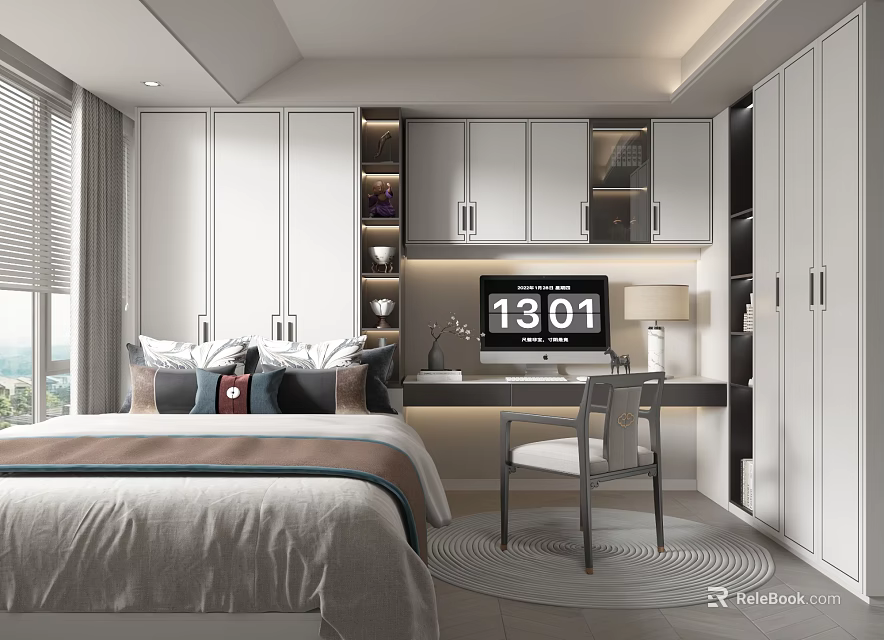 Modern Tatami Bedroom Interior Design With White Cabinets Desk TV And Window Blinds 3d model 
