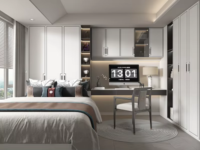 Modern Tatami Bedroom Interior Design With White Cabinets Desk TV And Window Blinds 3d model